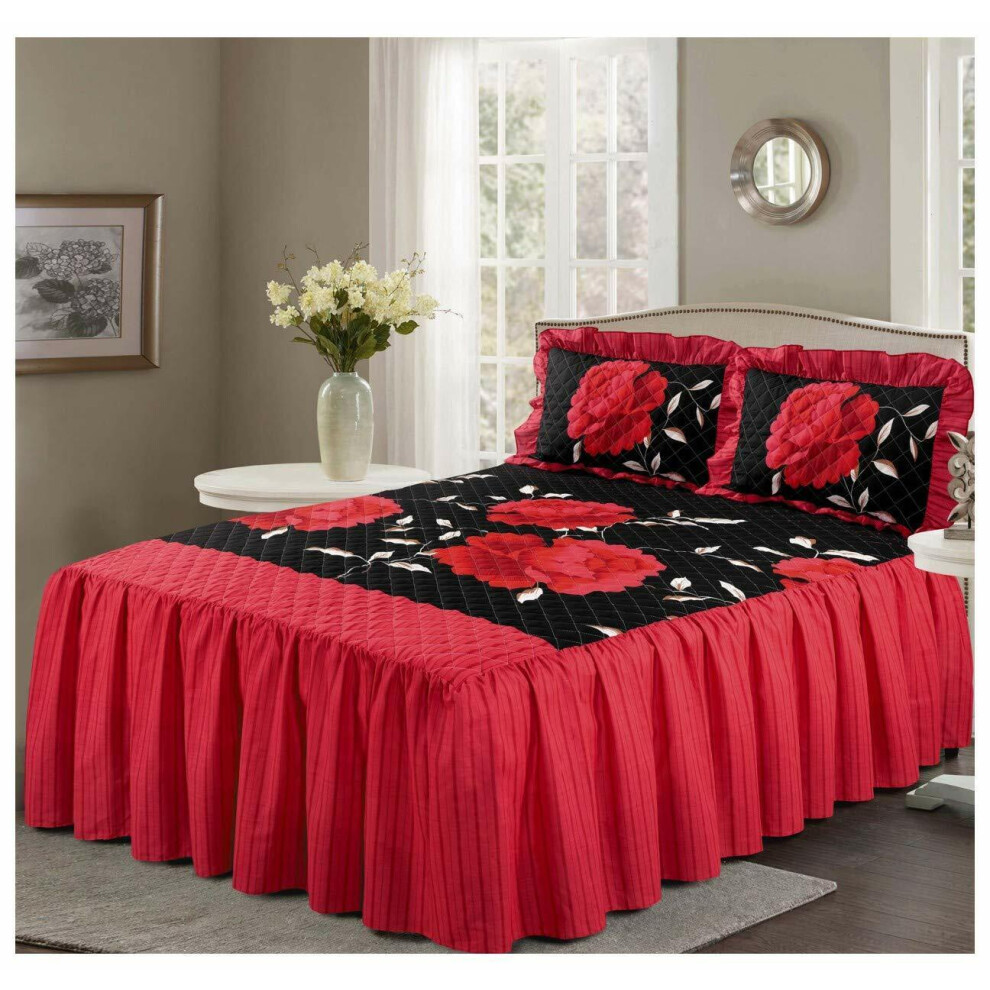 (Back/Red, King) Rosaleen Quilted Bedspread with 2 Pillow Shams Floral Prints Bed Frilled Spread