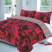 (Red, Double) Rose 4 Pcs Complete Flowers Duvet Cover Set With Valance Sheet & Pillowcase