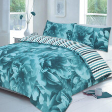 (Teal, Double) Rose 4 Pcs Complete Flowers Duvet Cover Set With Valance Sheet & Pillowcase