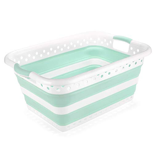 Addis Addis 517934 Foldable Rectangular Laundry Basket, White & Aqua Haze, 45 litre