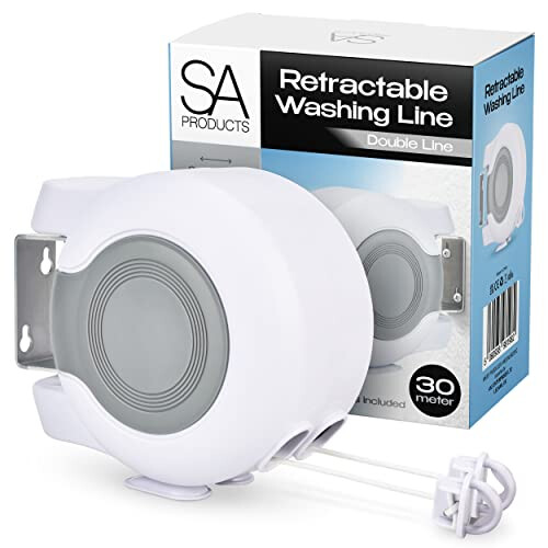 SA Products Wall Mounted Twin Cable Retractable Washing Line - 30m Long Clothes Line - Extendable Laundry Drying String Line Heavy-Duty Plastic &