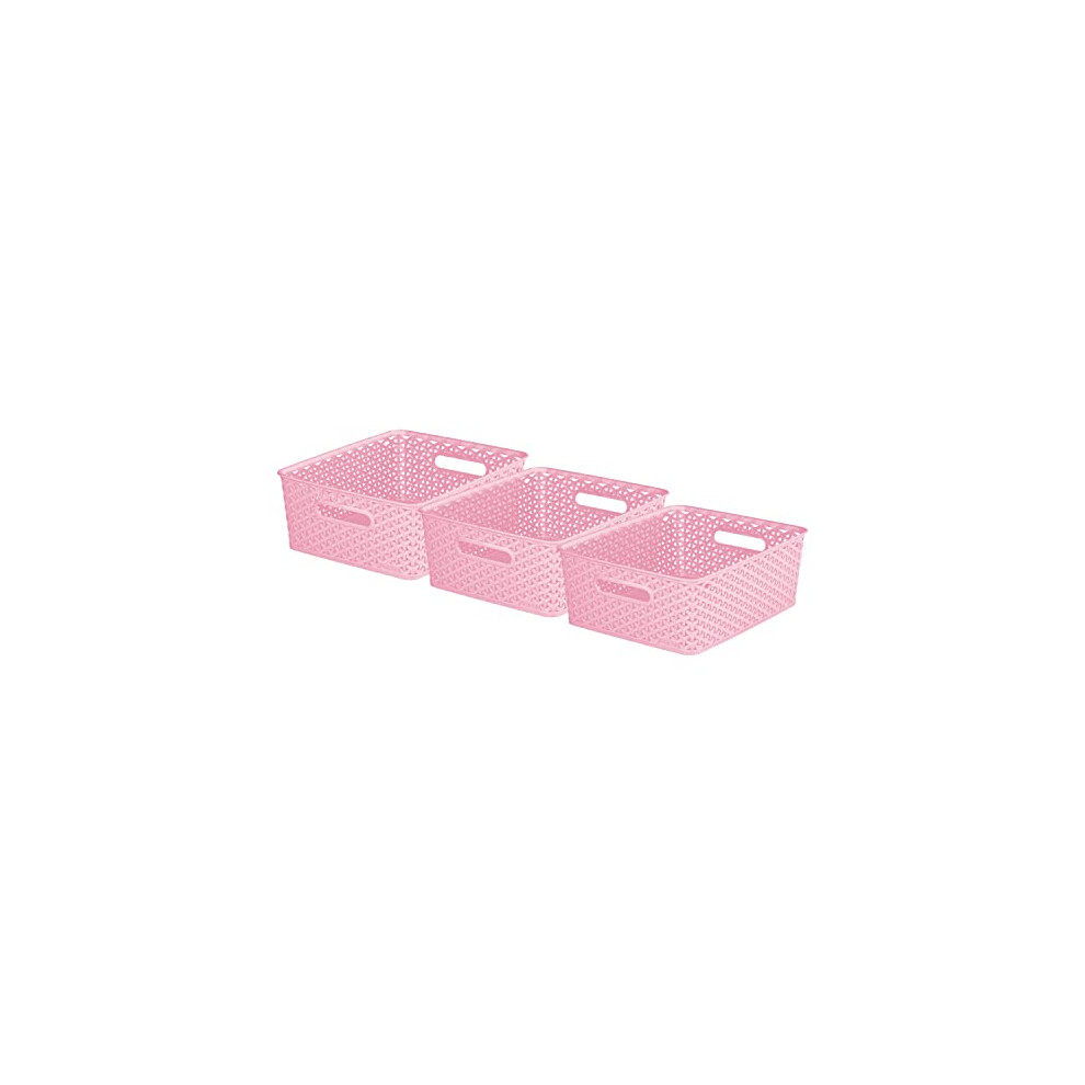 Curver My Style Rattan Effect Set of 3 Kitchen, Living room, Bathroom, Bedroom, Utility Medium Rectangular Storage Baskets 13 Litres - Pink