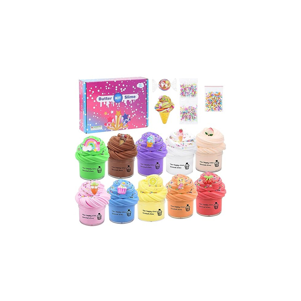 Thedttoy Fluffy Slime Kit, 10 Pack Butter Slime Kits Cloud Slime Making Kit with Charms, Super Soft and Non-Sticky Slime Kits for Girls Boys, Scented