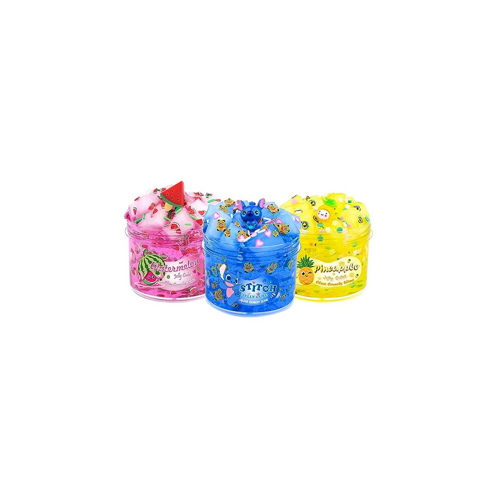 Keemanman Slime Kit - 3 Pack Jelly Cube Clear Crunchy Slime with Stitch, Watermelon and Pineapple Charms, Preppy and Aesthetic Stuff, Cute Stress Toys