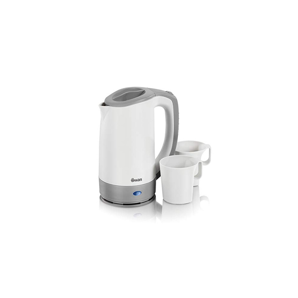 Swan Dual Voltage Travel Kettle with Two Tea Cups, 0.5 Litre Capacity, 125-600 W, Lightweight, White/Grey, SK19011N