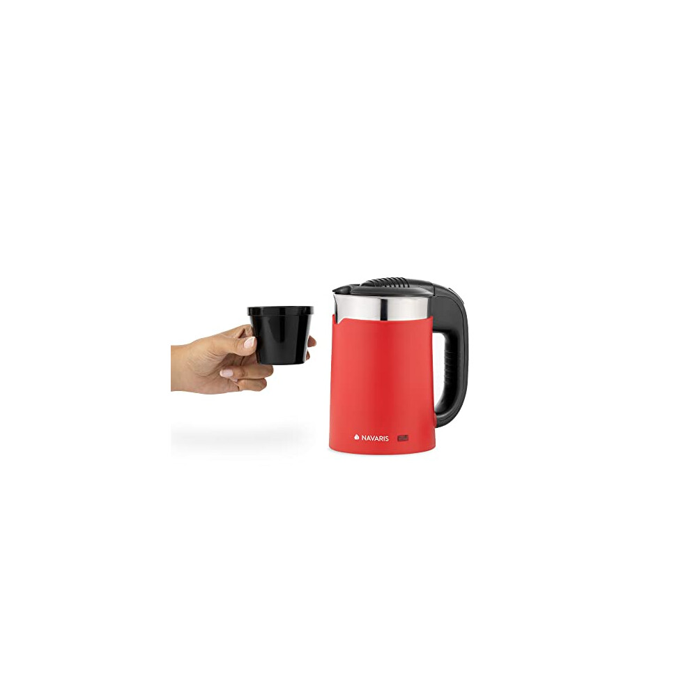 Navaris Compact Electric Travel Kettle - 0.5 L Travel Jug Kettle with Dual Walls and Boil Dry Protection - Small 1100W Red Holiday Kettle w/ 2 Cups