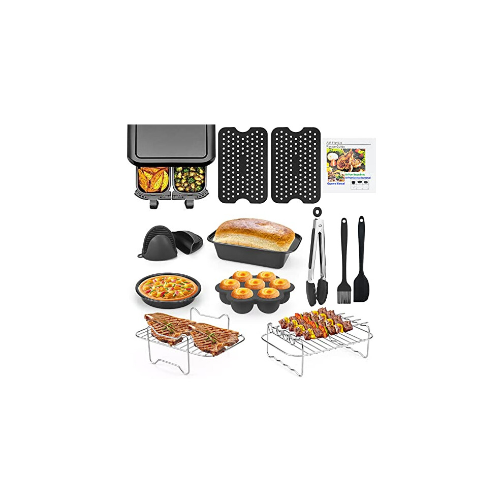 Dual Air Fryer Accessories13PCS, Double Basket, 304 Stainless Steel Grilling Rack Compatible for Ninja Foodi AF300UK, AF400UK, Instant Vortex, Tower