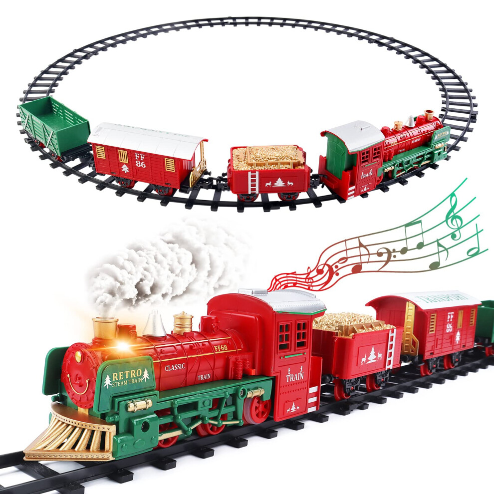 deAO Christmas Train Set for Kids with Light & Sounds, Smoke, Electric Train Sets for Kids, Toy Train Set, Train Set Under Christmas Tree, Gift for