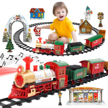 deAO Christmas Theme Classic Train Set for Kids with HeadLight, Realistic Sounds, 3 Cars carriage and Tracks, Best Gift For Christmas D?cor Under the