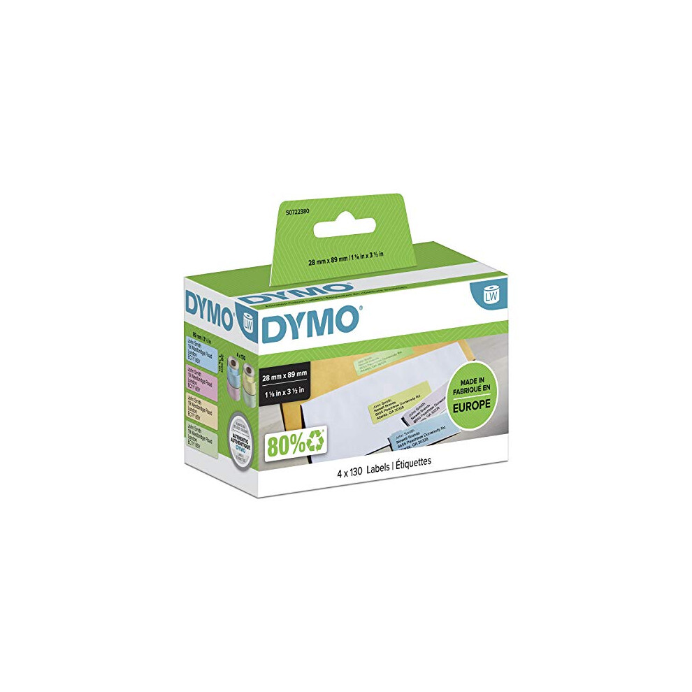 DYMO Authentic LabelWriter Address Labels | 28mm x 89mm | Assorted Colours | 4 Rolls of 130 Easy-Peel Labels (520 labels) | Self-Adhesive | for