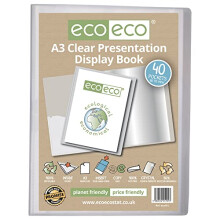 eco-eco A3 Size 50% Recycled 40 Pocket Clear Presentation Display Book, Storage Case Portfolio Art Folder with Plastic Sleeves, eco101