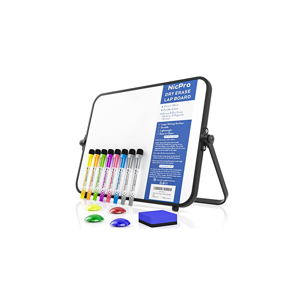 Nicpro Dry Erase Small Whiteboard A4 with Non-Slip Stand, 21 x 30 cm Double Sided Magnetic Desktop White Board 8 Pens, Eraser, Magnet, Portable