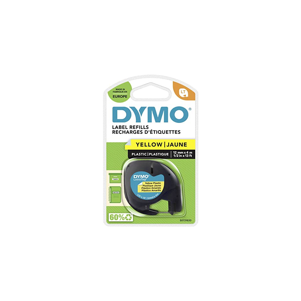 DYMO LetraTag Plastic Labels | Authentic | 12 mm x 4 m Roll | Black Print on Yellow | for LetraTag Label Makers