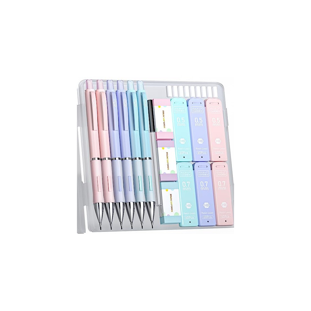 Four Candies Pastel Mechanical Pencil Set - 6PCS 0.5mm&0.7mm Mechanical Pencils with 360PCS HB Lead Refills, 3PCS Erasers and 9PCS Eraser Refills,