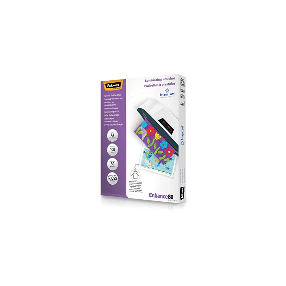 Fellowes A4 Laminating Pouches - Gloss Finish - 100 Sheets - 160 Micron (2 x 80 Micron) High Quality Finish with Image Last Directional Quality Mark -