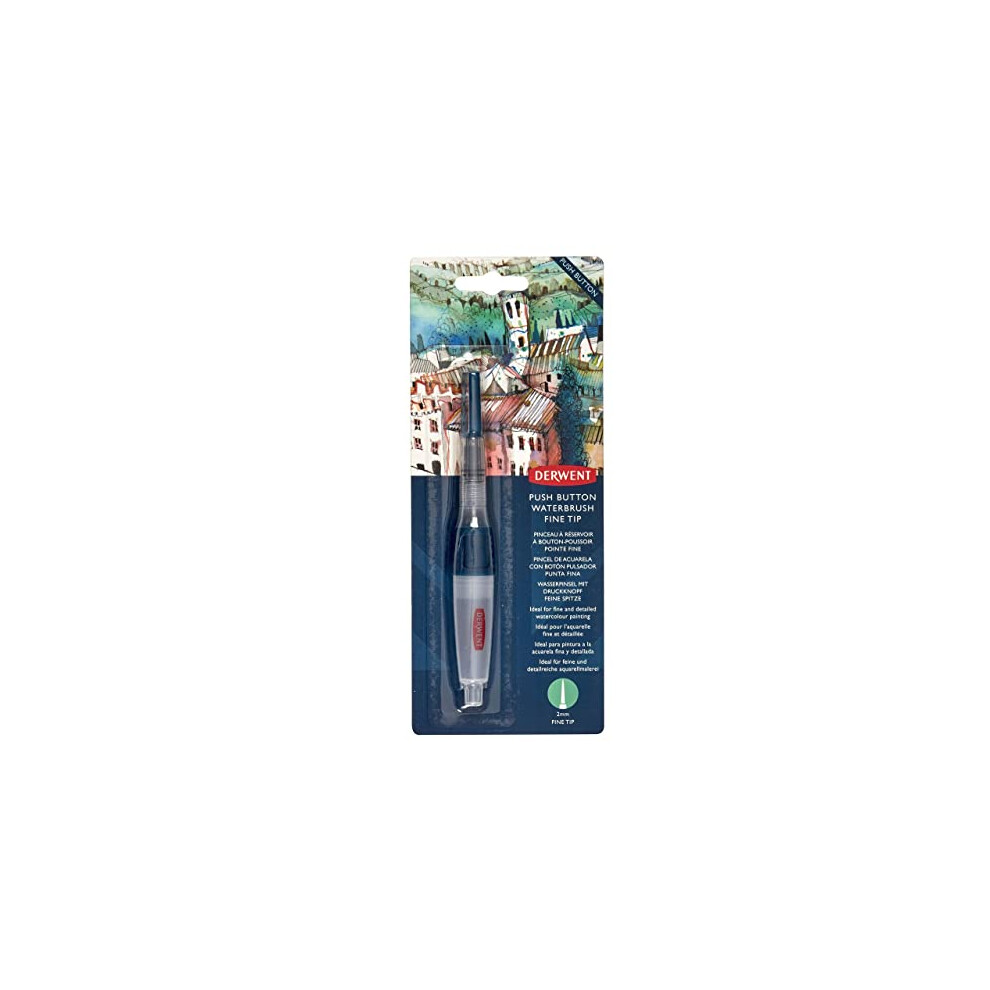 Derwent Push Button Waterbrush 2mm Fine Tip, Premium watercolour brush for use with watercolour pencils, paints and blocks, leak proof, professional