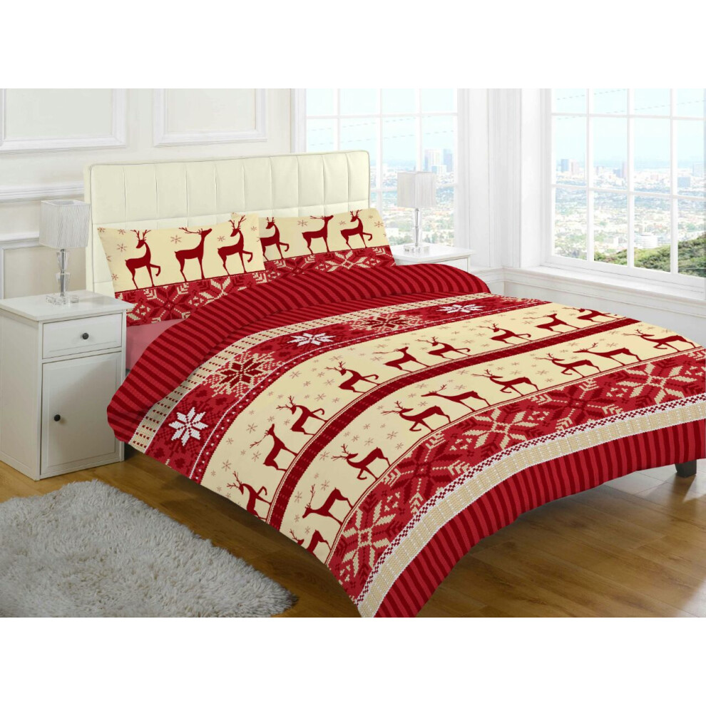 (Red, Single) Nora Christmas Stag Brushed Cotton Flannelette Thermal Sheet Set