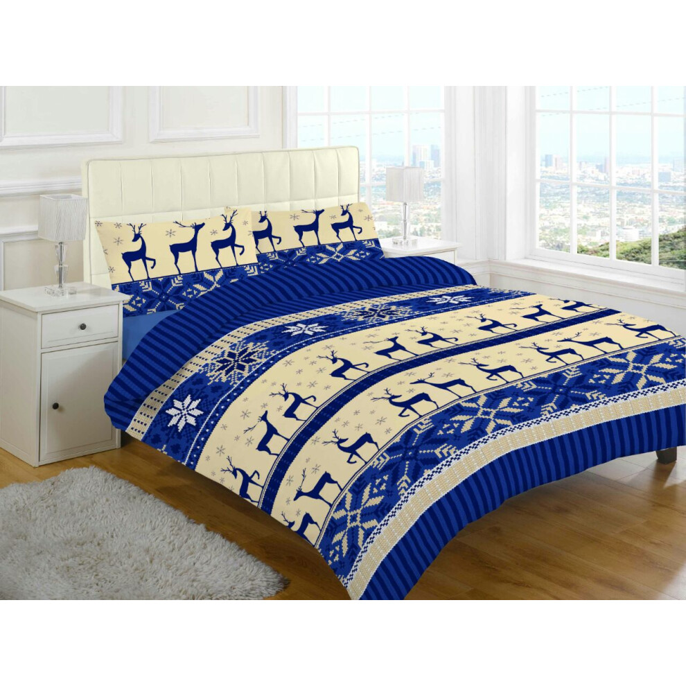 (Blue, King) Nora Christmas Stag Brushed Cotton Flannelette Thermal Sheet Set