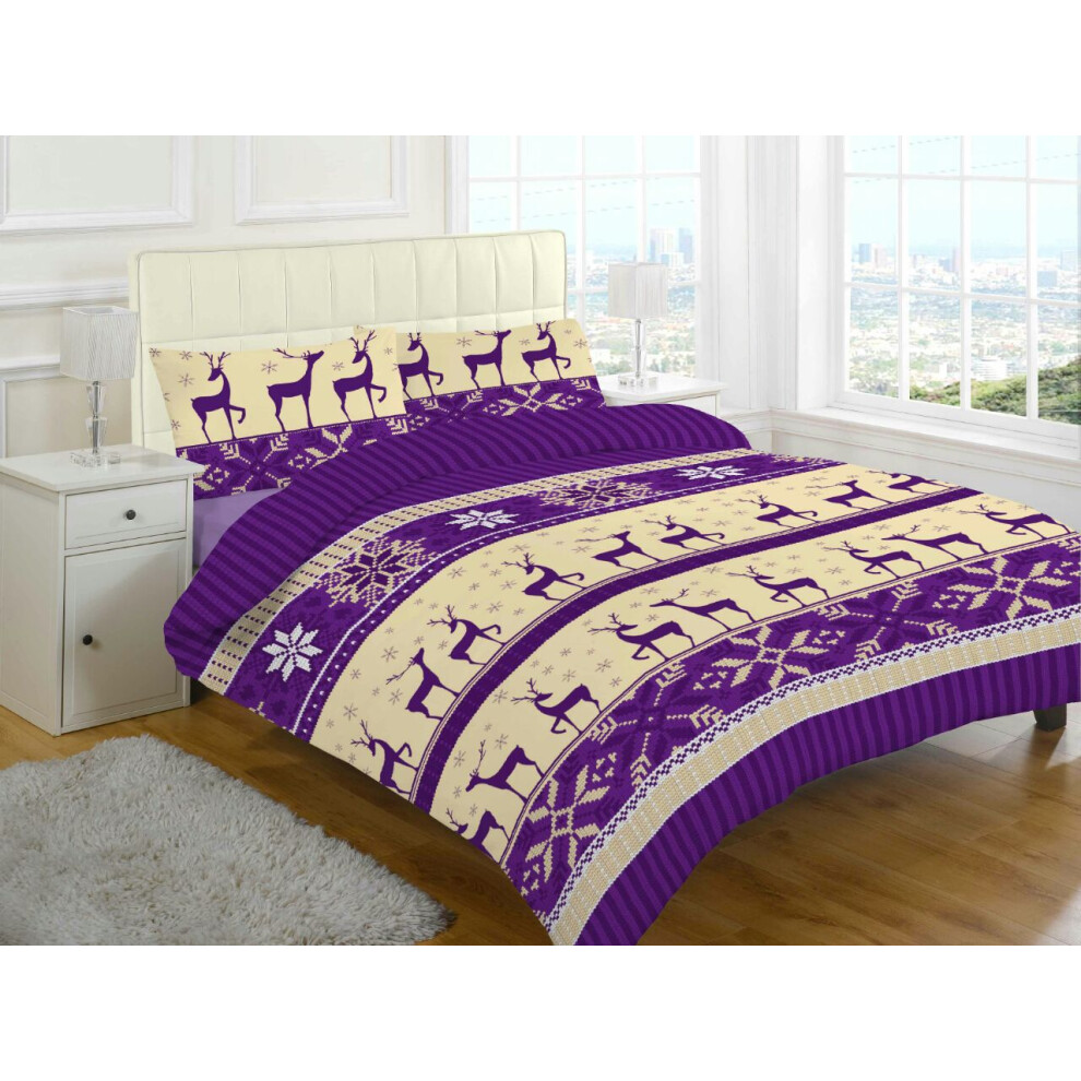 (Plum, Single) Nora Christmas Stag Brushed Cotton Flannelette Thermal Sheet Set