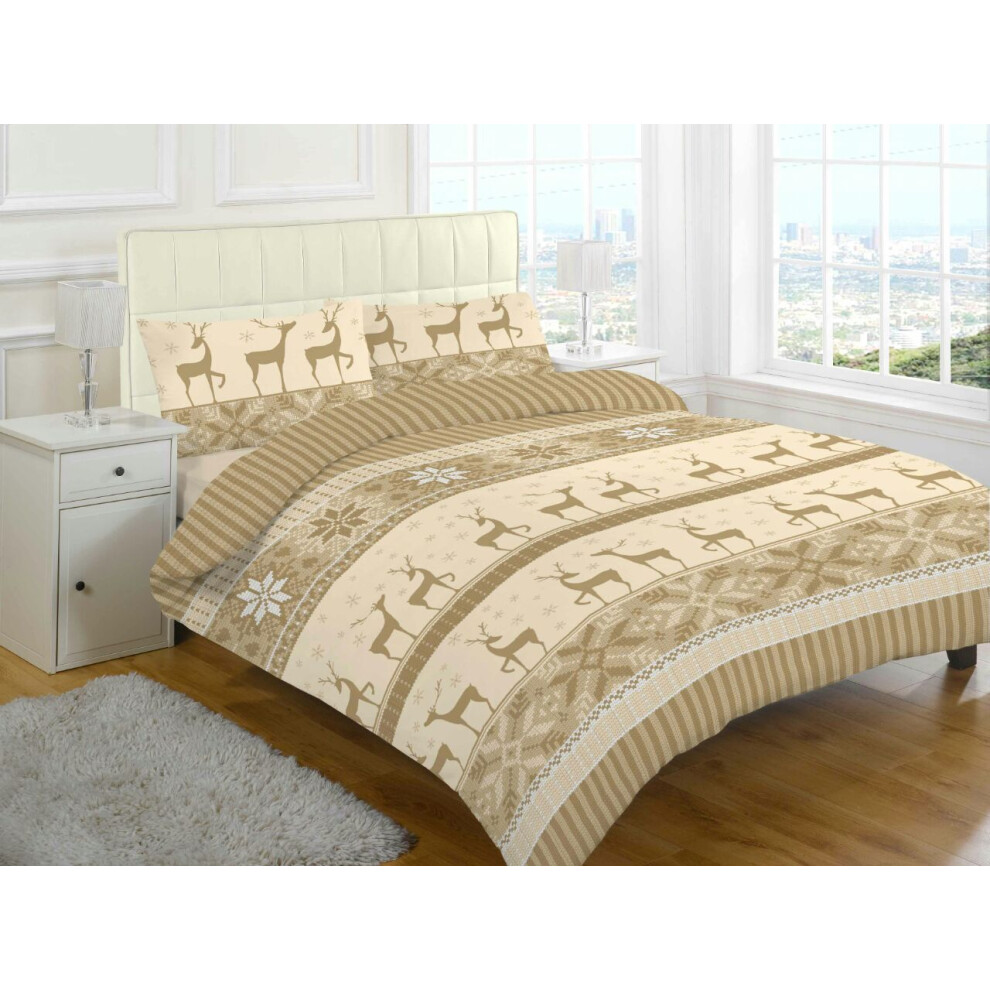 (Natural, Single) Nora Christmas Stag Brushed Cotton Flannelette Thermal Sheet Set