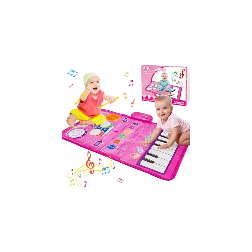 Musical Toys for 1 2 3 Year Old Girls Gifts, 2 In 1 Piano Drum Mat with 19 Sounds & Rcording Function, 1st birthday Gifts for Girls Toddler Toys