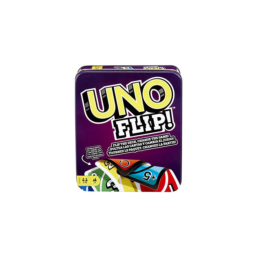 Mattel Games UNO FLIP! Family Card Game, with 112 Cards in a Sturdy Storage Tin, Makes a Great Gift for 7 Year Olds and Up, GDG37