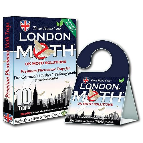 LONDON MOTH KILLER-10: 10-Pack Pheromone Traps for Common Clothes Moth | Sticky, Non-Toxic, Odourless; Wardrobe & Carpet Protection | Code 1