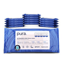 Pura Flushable Moist Toilet Tissue Wipes, 14 x 40 wipes per pack (560 Wipes) 100% Plastic Free, 99% Water Washlets, Certified Fine to Flush
