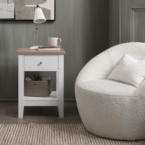 Noa and Nani Leines 1 Drawer Bedside Table in White & Oak