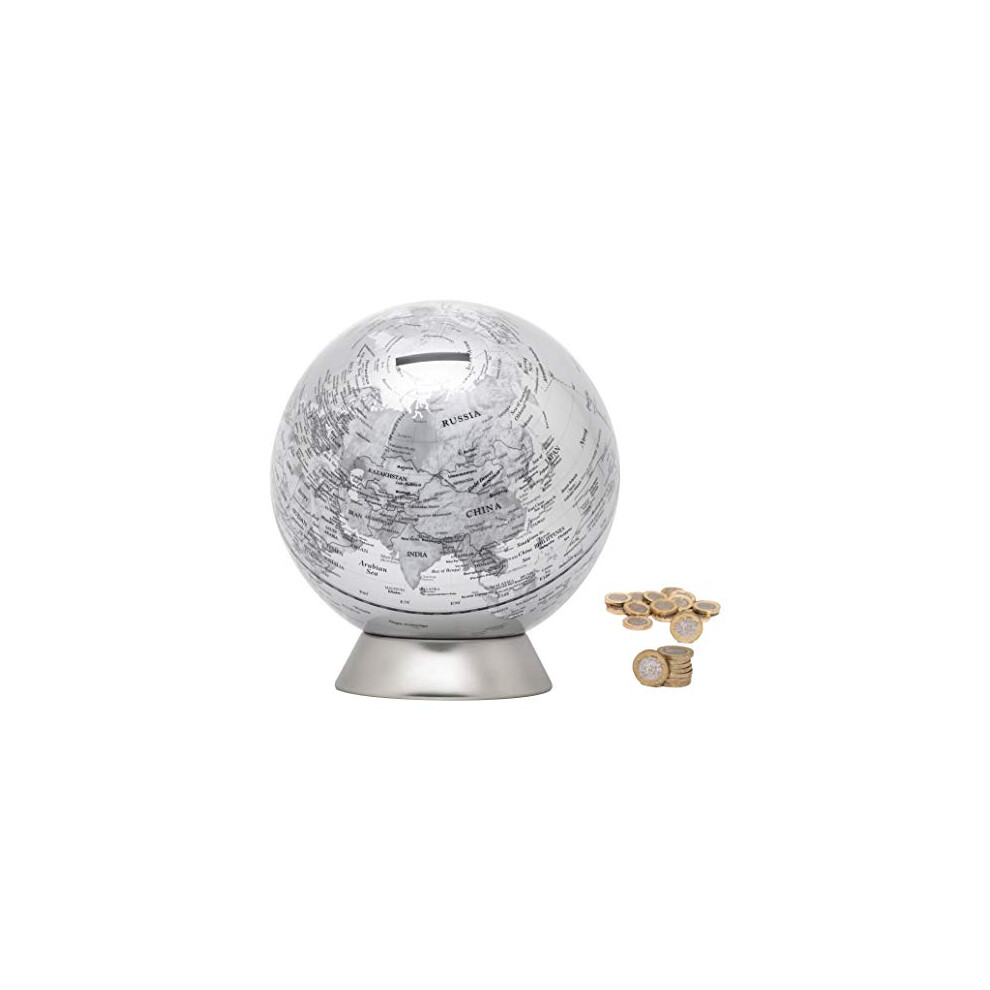 Exerz Money Box Globe Diameter 16Cm/ Piggy Bank, Contemporary Metal-Looking, Physical Featured Map, Educational, Decorative. For School, Home, Office
