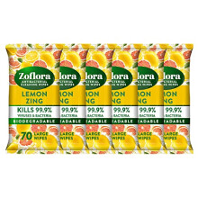 Zoflora Lemon Zing 6 x 70 Large Wipes, Antibacterial Multi-surface Cleaning Wipes - Multipack Convenient, Quick Cleaning