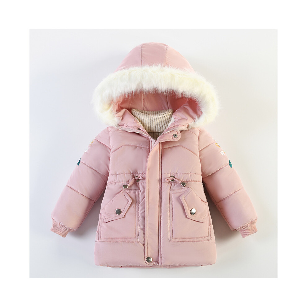 (Pink, 5-6Years) Kids Girls Winter Jackets Fur Hooded Coats Warm