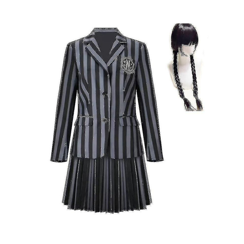 (With wig, Adult L) Wednesday Addams Cosplay Costume Set Nevermore Academy School Uniform Halloween Carnival Party Costume For Adults Kids