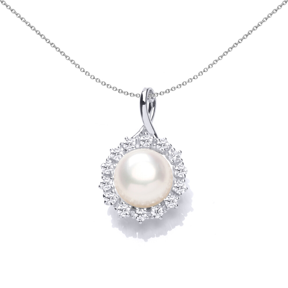 Jewelco London Sterling Silver CZ & Freshwater Cultured Pearl Ribbon Bail Halo Cluster Pendant Necklace 9mm 18 inch - GVP542