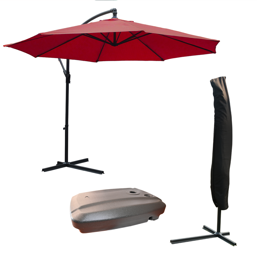 KCT 3.5m Large Burgundy Garden and Patio Cantilever Parasol with Protective Cover and Base