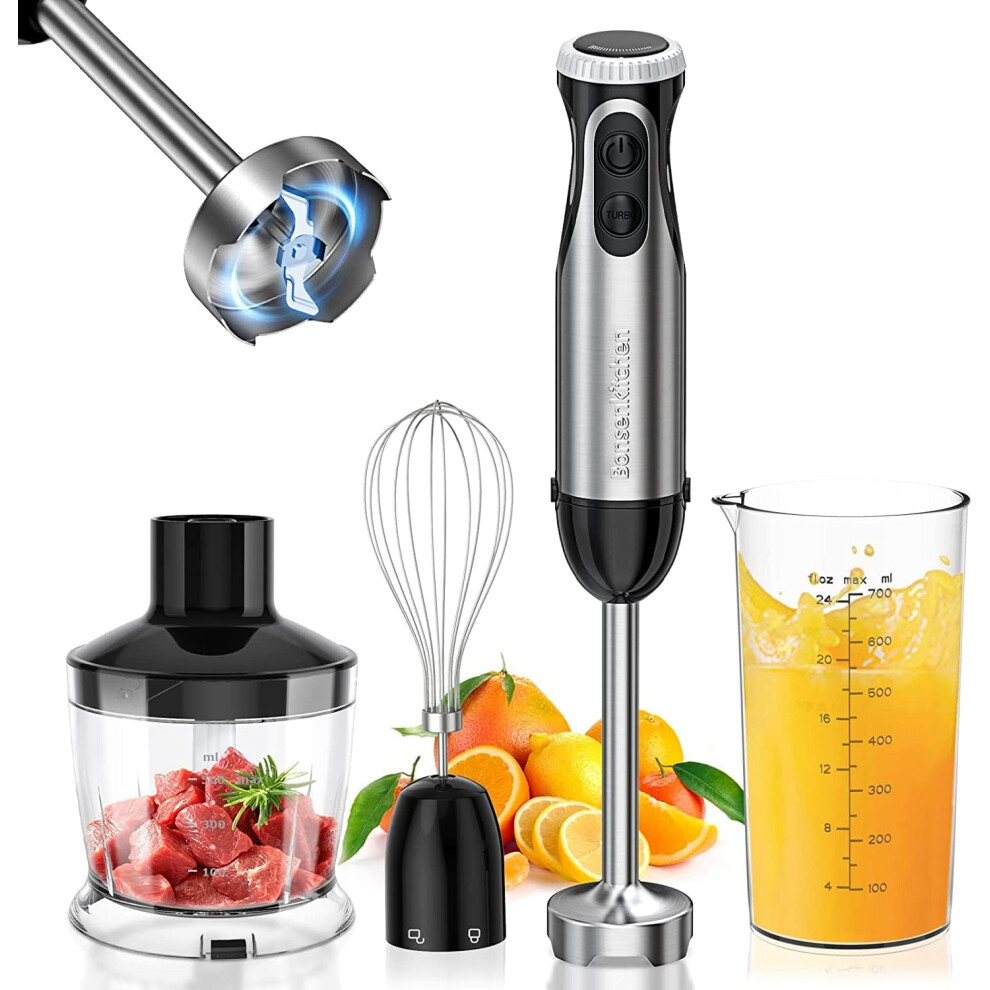 (Blender Whisk&Chopper&Cup) Stainless Steel Hand Blender, 4-in-1 Stick Blender, 20-Position Adjustable, with Whisk, 500ml Chopper and 700ml Measuring Cup, Food Processor