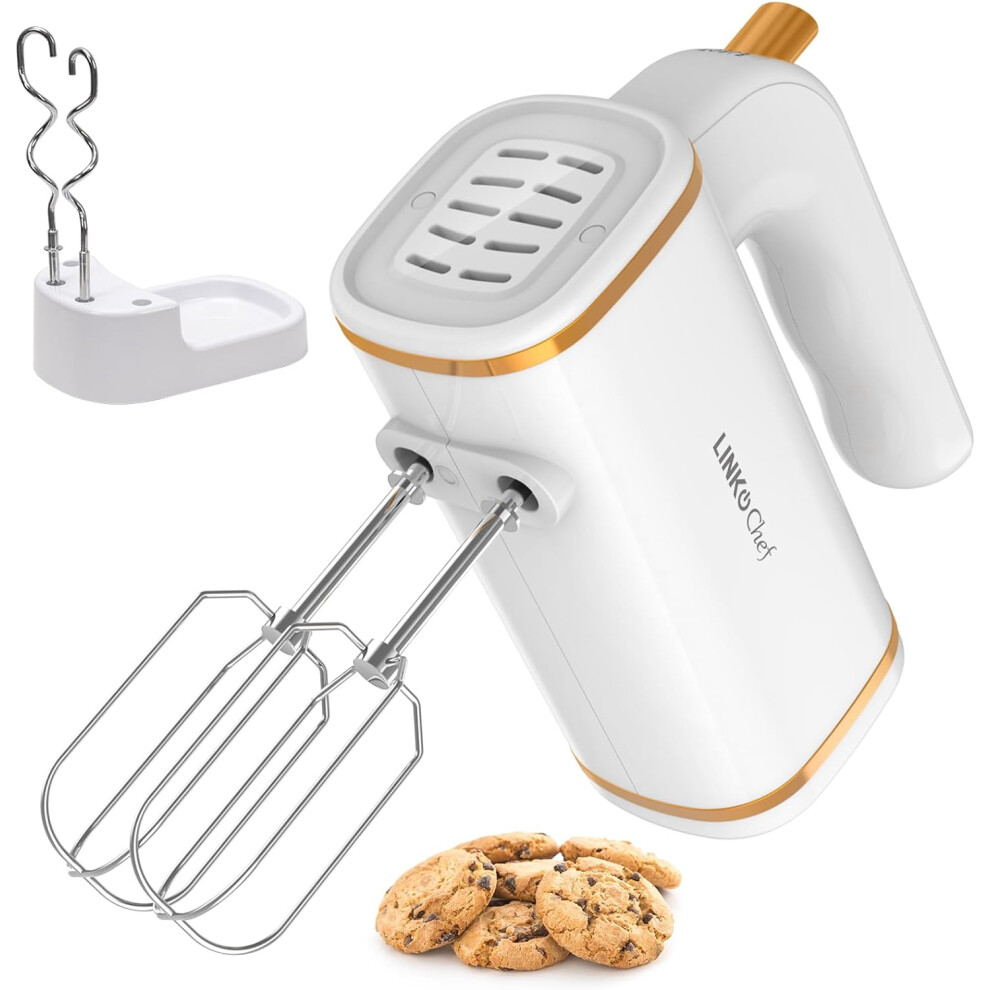 (Medium) Splashproof Hand Mixer Electric Whisk with Storage Base, 5-Speed White Baking Electric Hand Whisk, Handheld Food Mixer with Whisk and Dough Hooks