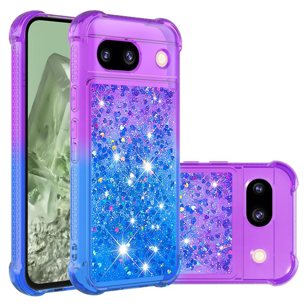 ( Purplish) Case For Google Pixel 8A Flowing Sparkle Moving Cover Clear Bumper Liquid Glitter Funny Bling Shiny Crystal Blue 764762733544