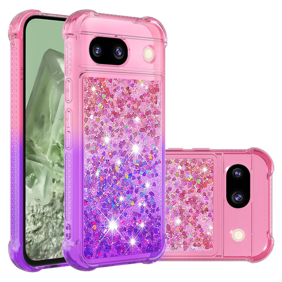 (Pink Purple) Case For Google Pixel 8A Flowing Sparkle Moving Cover Clear Bumper Liquid Glitter Funny Bling Shiny Crystal Pink,Purple 764762733551