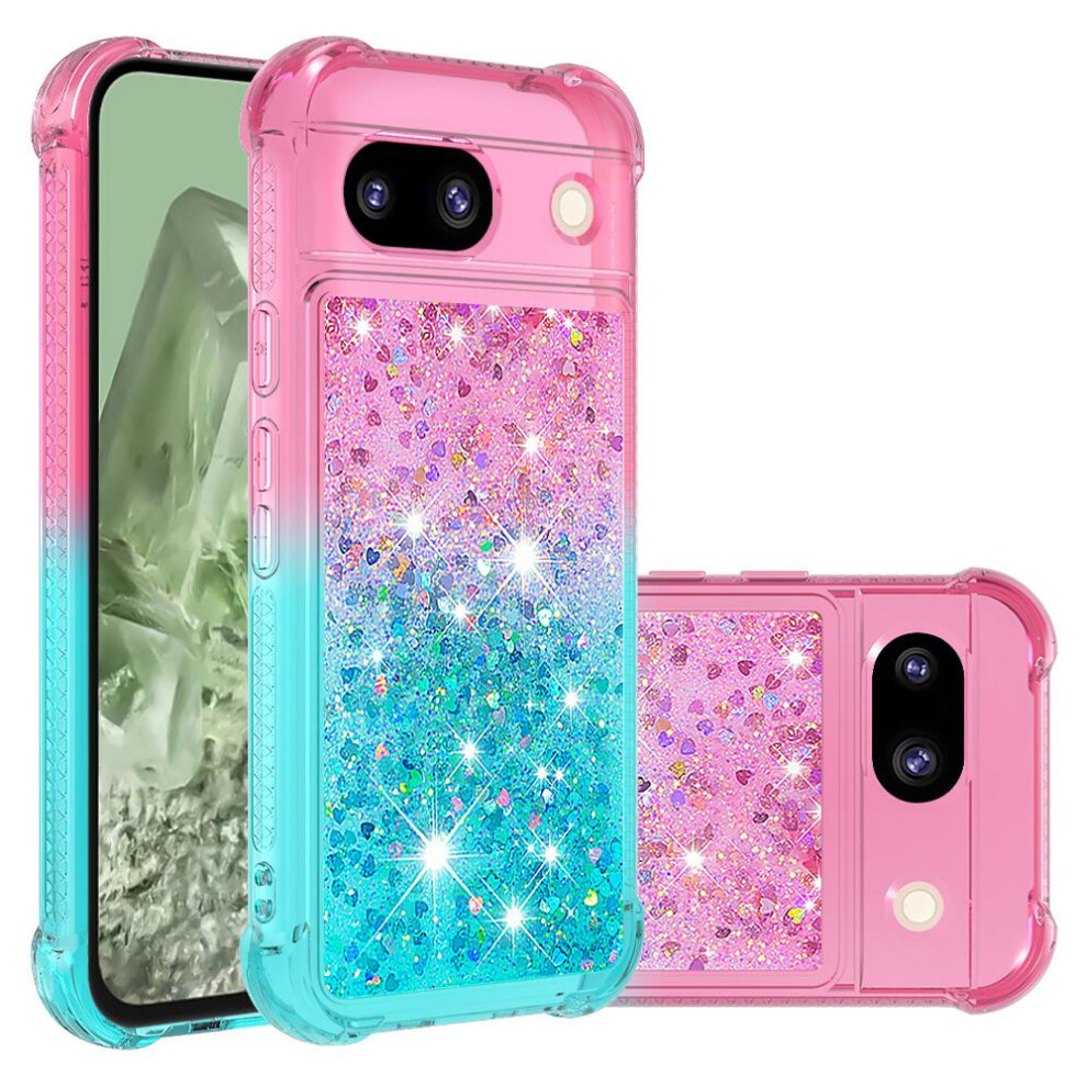 (Powder ) Case For Google Pixel 8A Flowing Sparkle Moving Cover Clear Bumper Liquid Glitter Funny Bling Shiny Crystal Blue 764762733520