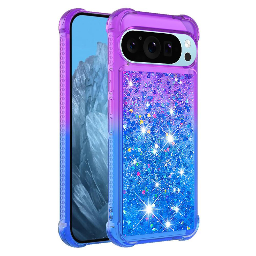 ( Purplish) Case For Google Pixel 9 Pro 5G Funny Bling Shiny Crystal Liquid Glitter Flowing Sparkle Moving Cover Clear Bumper Blue 764762733742