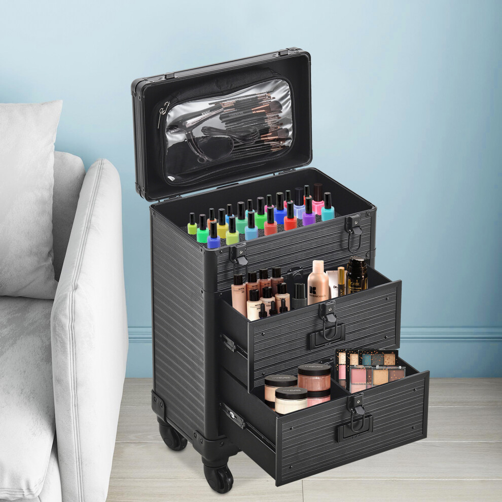 3 Tiers Rolling Cosmetic Cases Makeup Trolley Nail Luggage Storage Organizer