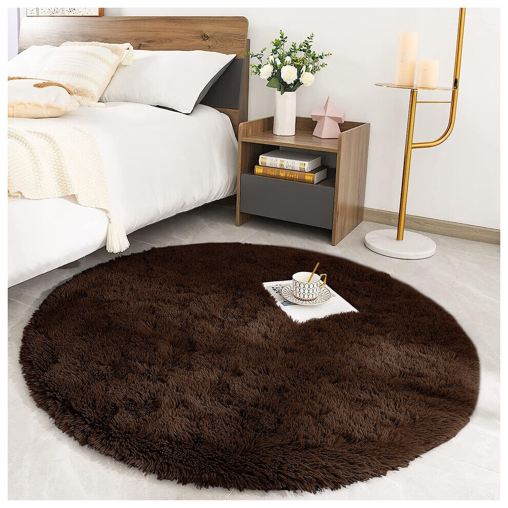 Non Slip Shaggy Rug Brown Soft Thick Round Rugs Living Room Bedroom Carpet