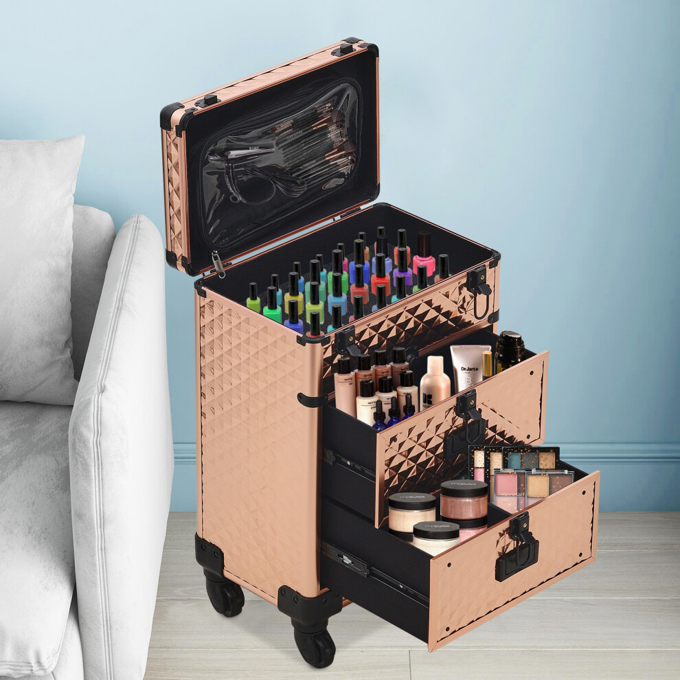 Beauty Trolley Professional Makeup Case Trolley with 2 Drawers, Lockable Vanity Case Hairdressing Trolley Nail Polish Storage Case