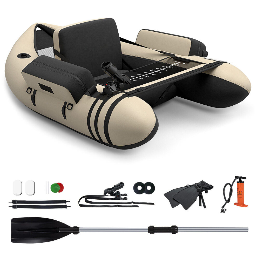 Inflatable Fishing Boat PVC Float Tube W/Pump, Flippers & Paddle (Beige)