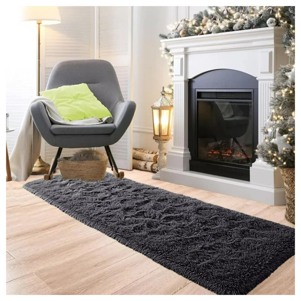 (60x220 cm (2ft x 7ft 7in)- Runner Rug/ Carpet, Black Rugs) Extra Large Shaggy Rugs Living Room Rug Carpet Mat