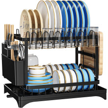 2 Tier Dish Drainer Rack with Drip Tray Cutlery Holder Plate Rack Kitchen Sink