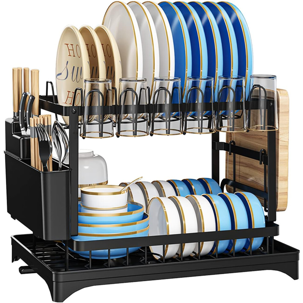 2 Tier Dish Drainer Rack with Drip Tray Cutlery Holder Plate Rack Kitchen Sink