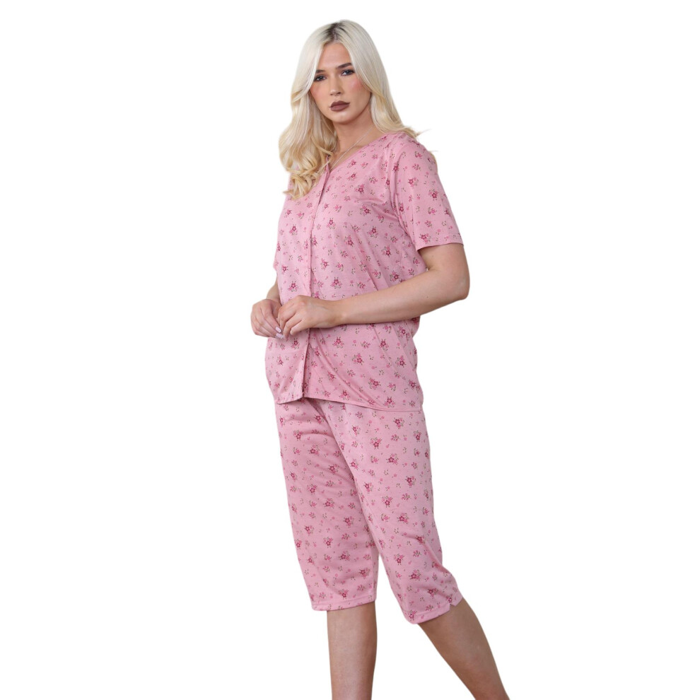 (Dust Pink, M) Ladies Capri Pyjama Set Floral Printed V-Neck Buttons Through Cropped PJs