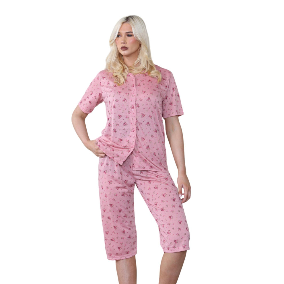 (Dust Pink, L) Ladies Capri Pyjama Set Floral Printed V-Neck Buttons Through Cropped PJs